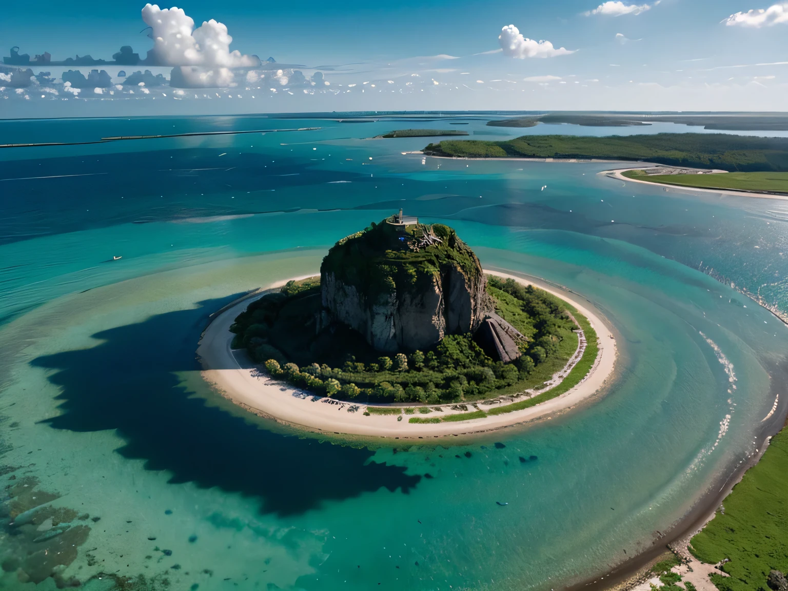 A lagoon surrounded by crystal-clear waters that create a mirage effect, giving the illusion of floating islands and mythical creatures beneath the surface. fantastic realism, natural colors, natural light, award-winning image, award-winning photography, the best photo ever made, authentic photography 8K