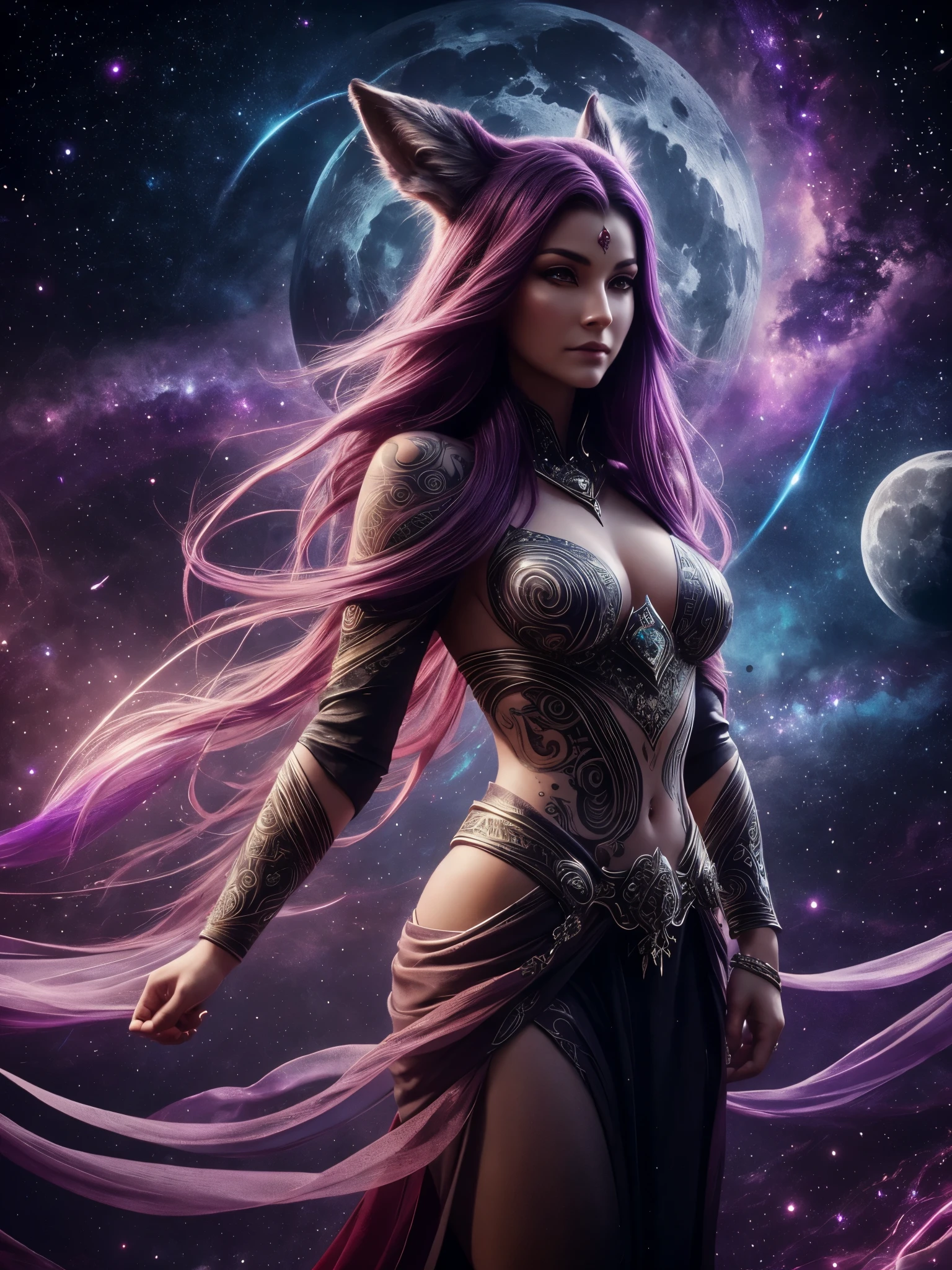 An ethereal being with burgundy hair and violet eyes,adorned with intricate tattoos,gazes to her right. She emanates an otherworldly essence,surrounded by a celestial backdrop with swirling galaxies,creating a cosmic and enchanting atmosphere in this digital art. Her ears are pointed and furry,and a long silver tail sways behind her. She is a descendant of the ancient wolf clan,gifted with the power of the moon and the stars.