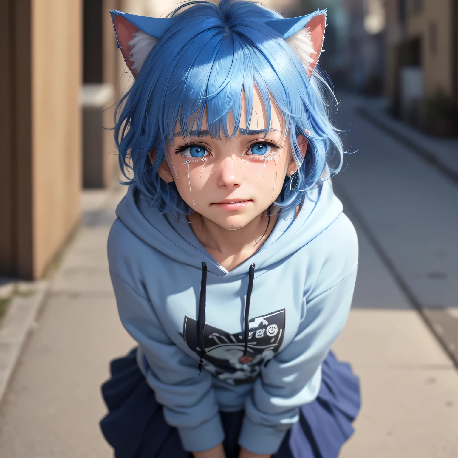 masterpiece, best quality, highly detailed, ultra-realistic, close up, blue hair, blue cat ears, blue eyes, tired hair, swept bangs, Short hair, Skirt, hoodie, sad expression, ((tear)), ((cry)), mouth smile, nose blush, frown, tears, upset, clenched teeth, wipe tears with hands, leaning forward, looking at viewer