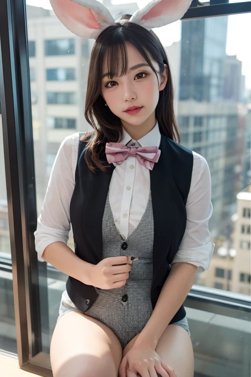 1girl, matured female, vest, bow,bunny girl, photo, realistic, best quality, hires, suck dick,detailed face, office, buildings from window, detailed background, diffused sunlight, depth of field, bokeh