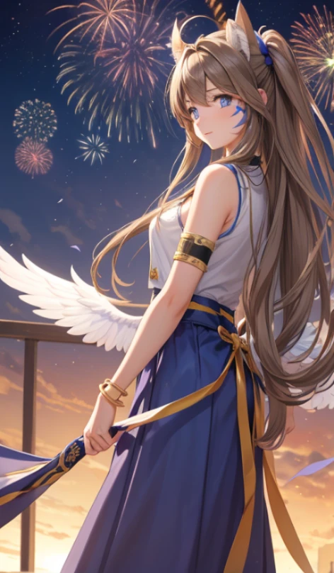 (Masterpiece), best quality, high resolution, Bell Dandy, long hair, blue eyes, brown hair, facial mark, Forehead marker, glove, wings, Neck throttle, bracelet, rings, body hair, angel wings, View from the side:0.6, (Forrest:1.1), stand, 25 years old, Happy new years, Fireworks fill the sky, nighttime, Sharp picture, Long skirt, Dark Sky, new year festival