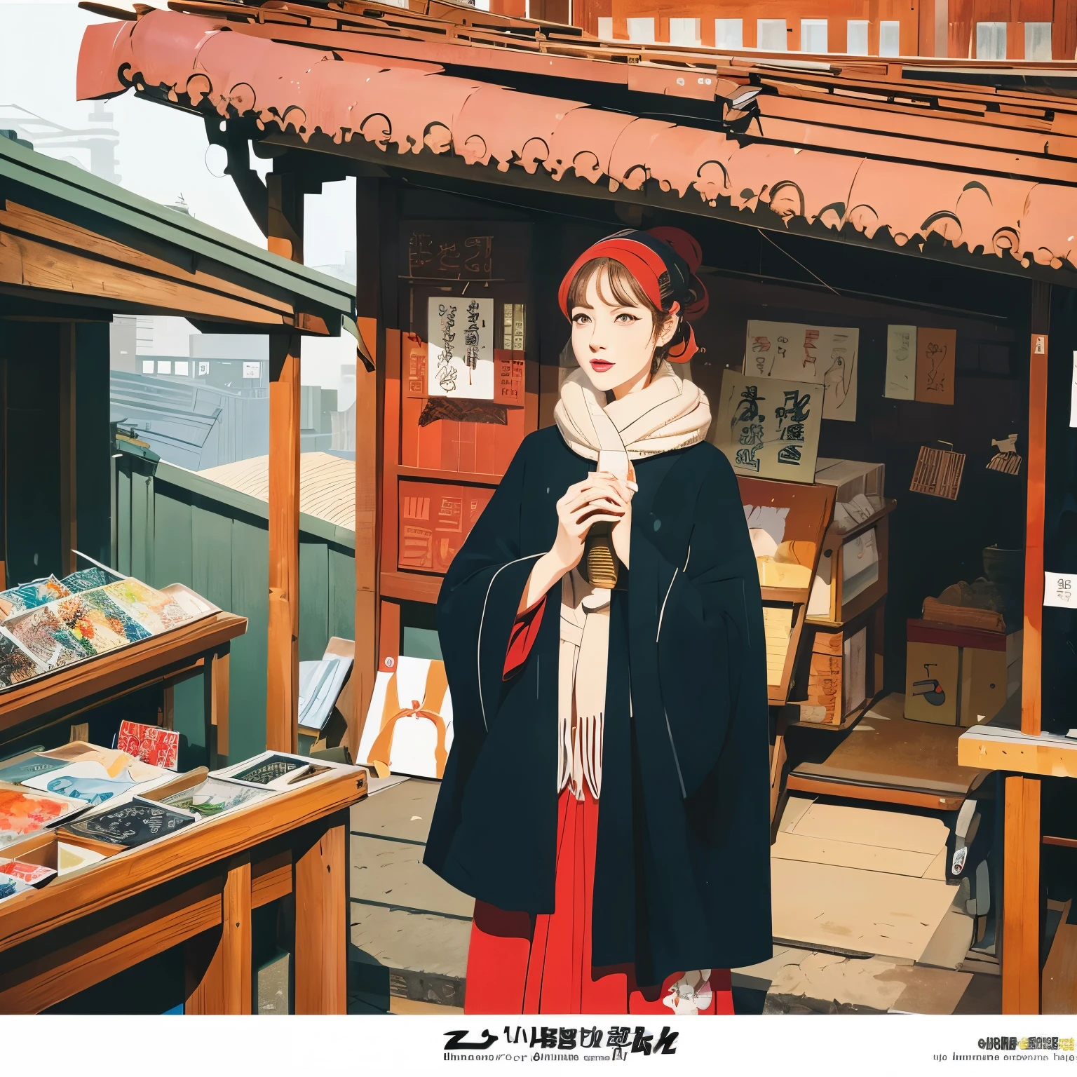high resolution、Illustration style、Showa Anime、ukiyoe painting、((woman))、Tokyo、((fashion))、The background is a shrine、26 years old、Winters