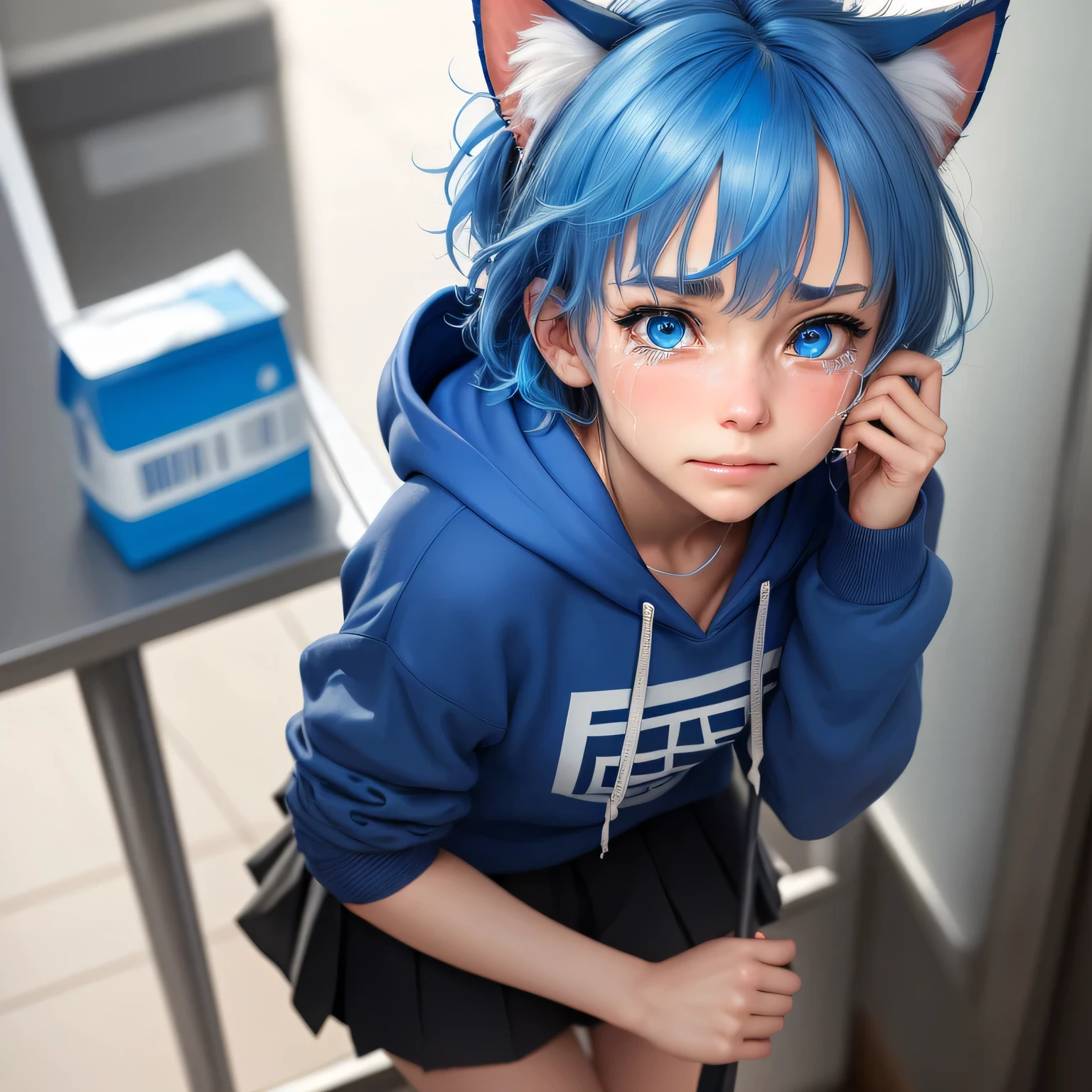 masterpiece, best quality, highly detailed, ultra-realistic, close up, blue hair, blue cat ears, blue eyes, tired hair, swept bangs, Short hair, Skirt, hoodie, sad expression, ((tear)), ((cry)), mouth smile, nose blush, frown, tears, upset, clenched teeth, wipe tears with hands, leaning forward, looking at viewer