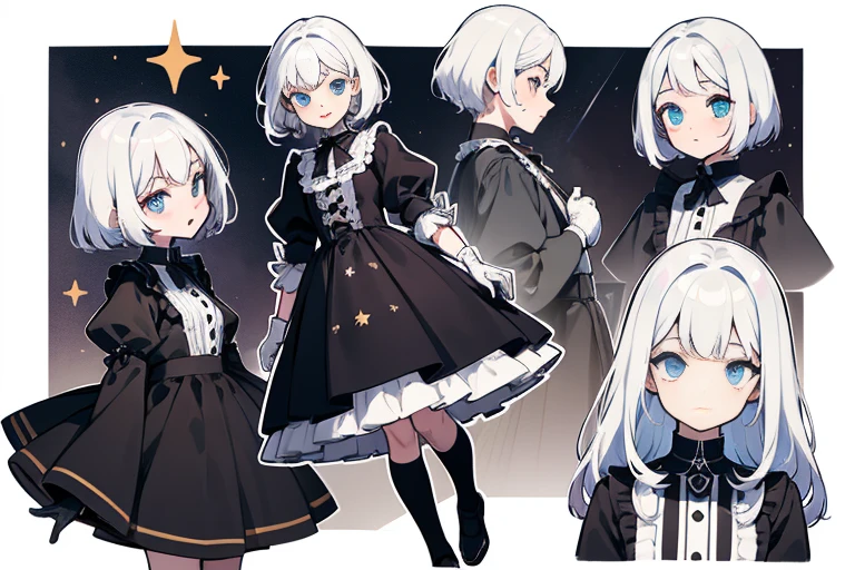 ((masterpiece, best quality)), Detailed face, character table, full body lesbian, full of details, Various poses and expressions, Very detailed, depth, many parts, 1 boy , Children all over,white hair，black highlights， Gloves, stockings, black collar, Eye, Star (symbol), pupils in symbol shapes