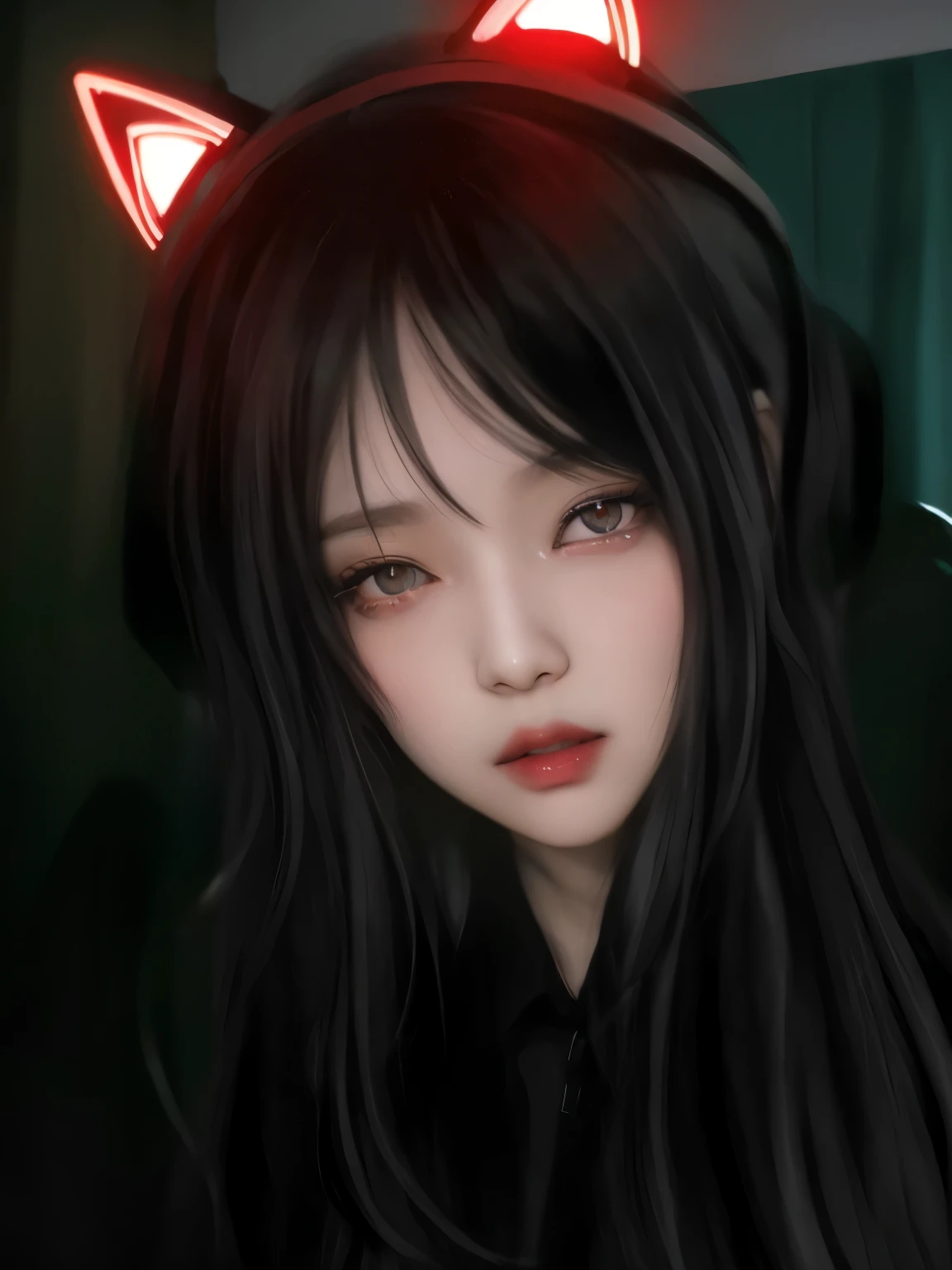 garota anime com orelhas de gato e olhos vermelhos usando fones de ouvido, with olhos vermelhos brilhantes, with olhos vermelhos brilhantes, estilo de arte de anime realista, obras de arte no estilo de guweiz, [ arte digital 4k ]!!, estilo de arte realista, olhos vermelhos brilhantes, Digital anime illustration, olhos vermelhos brilhantes, olhos vermelhos brilhando, cruel korean goth girl