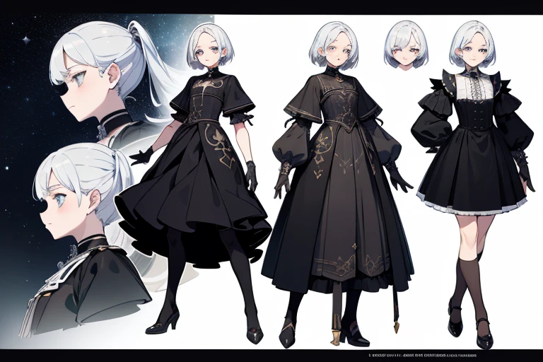 (highest quality, masterpiece:1.2), highly detailed face, character set, full-body lesbian characters, filled with intricate details, various poses and expressions, extremely detailed, depth, numerous body parts, 1 boy, children all over the body, white hair, black highlights, gloves, stockings, black collar, eyes, stars (symbol), pupils in symbolic shapes