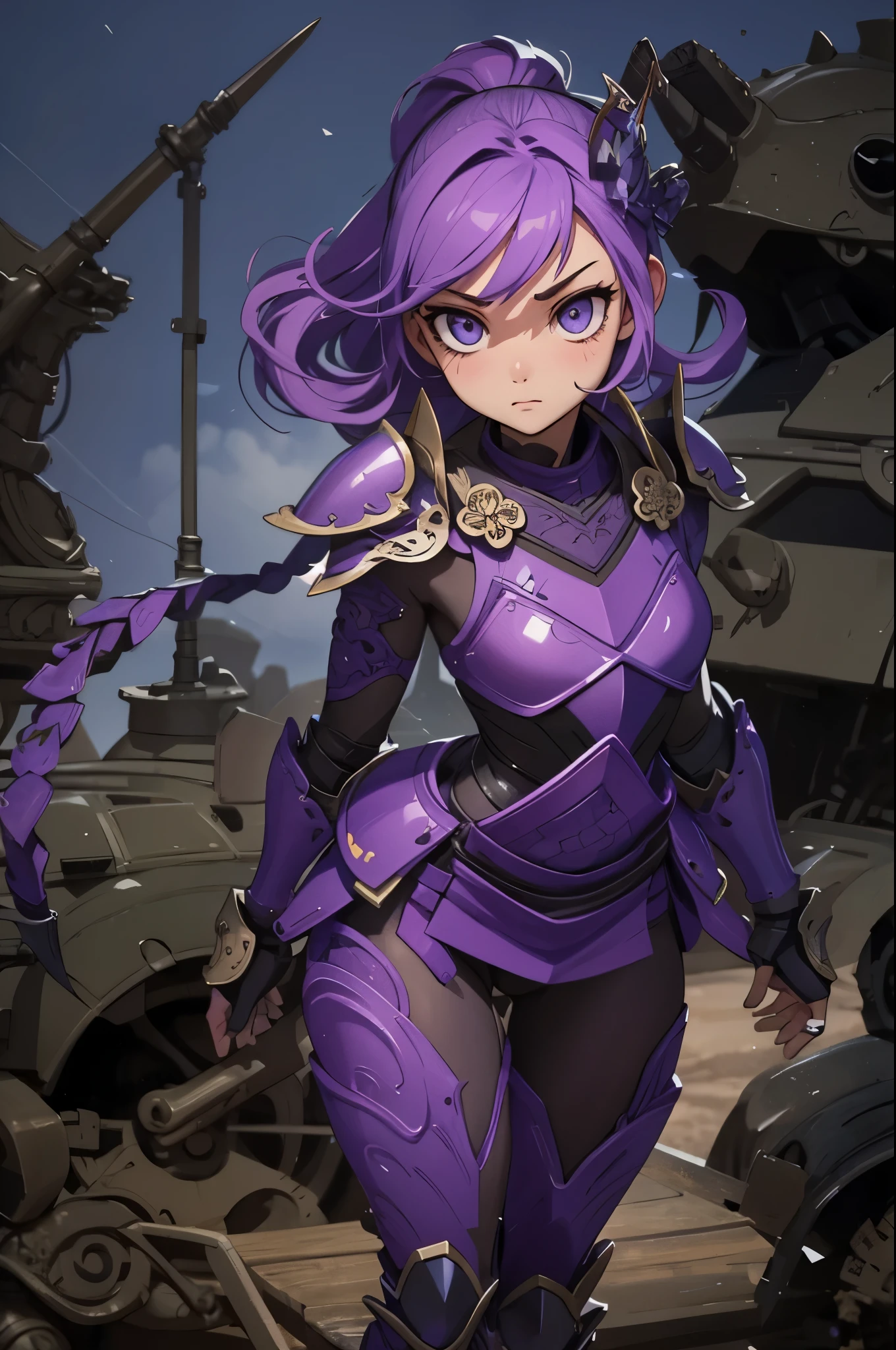 (Detailed illustrations,Very detailed and detailed drawing,Delicate lines with slow and rapid,Realistic texture expression),[Color tressed main line],(Fantasy World Battlefield Background [Burning castle]),(GIRL ROBOT 16yo (purple scorpion[METALFACE]) (SKINNY)) [WEAPON MACHINE],((NINJA Sengoku Armor))[stall],[[poisonous scorpion pattern]],[Use a ninja sword as a weapon],[[Mobile Weapon Gigant Size][Science Fiction Mechanical]],[Clear purple translucent shell that covers the body surface],(Intricate and beautiful decoration [Dense detail]),[Transparency],(Precisely drawn face)[完璧な目のdetailed(Iris beautifully drawn in every detail)[Jewel-like eyes]],[long and beautiful eyelashes],[Meticulously drawn hair [美しく艷やかな髪のdetailed]],(完璧な手のdetailed [Beautiful fingers without breakdowns [Beautiful nails]]),(Perfect Anatomy(Perfectly proportioned))[[full body portrait]],[Ideal color coordination(Accurate simulation of light-material interactions)],([Precision Detail](detailed,High definition)),[Visual art that conveys a sense of narrative].