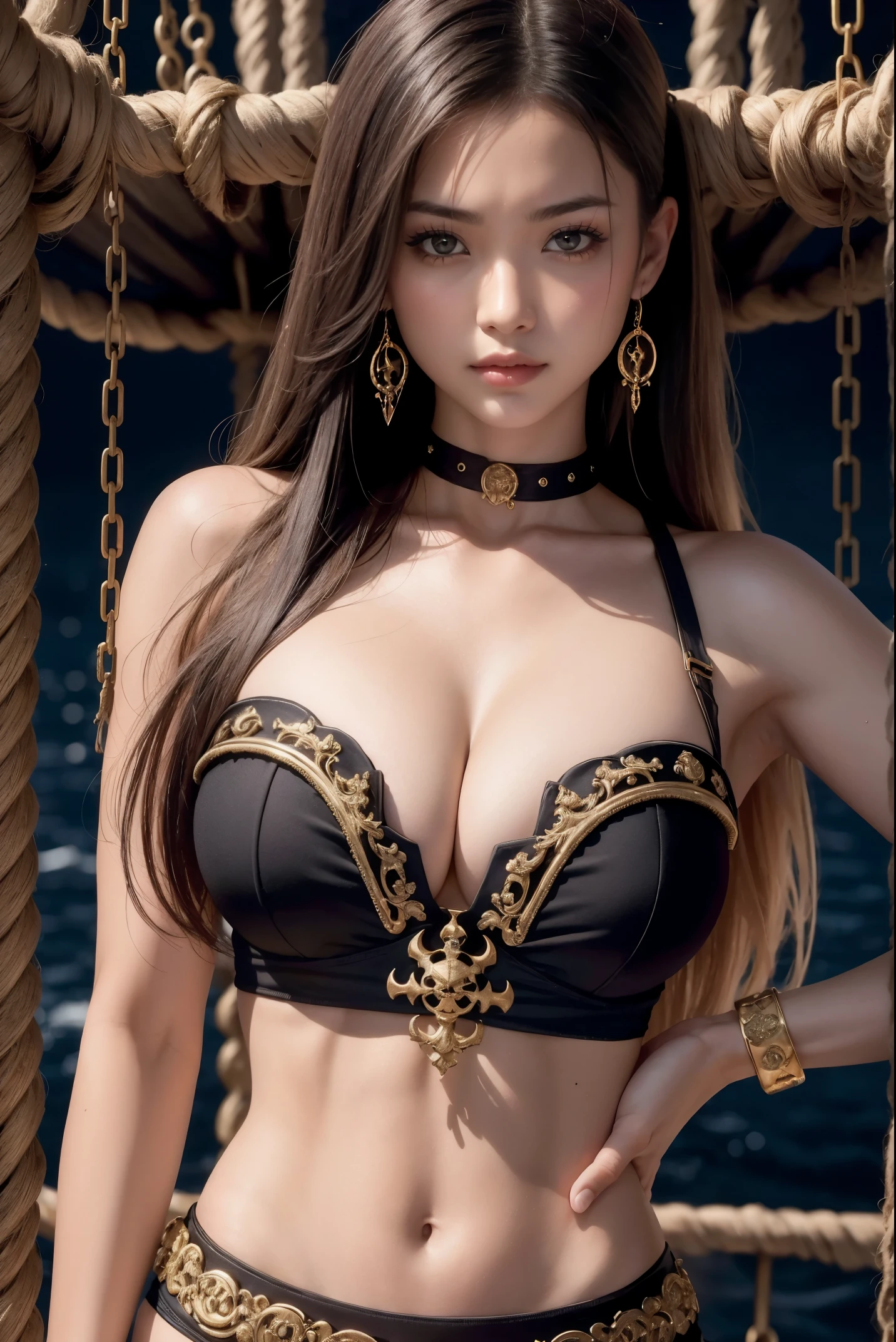 Gorgeous pirate girl on a pirate ship at sea, Asian girl, sexy, exotic, stunning, piercing eyes, oily skin, sexy masterpiece, best quality, highest quality, high definition, highly detailed, 8K, athletic and fit body, naughty, perfect hands, detailed hands, perfect eyes, detailed eyes, flirty, sexy, realistic, HDR, UHD, dynamic, large boobs, cleavage, ornate clothing