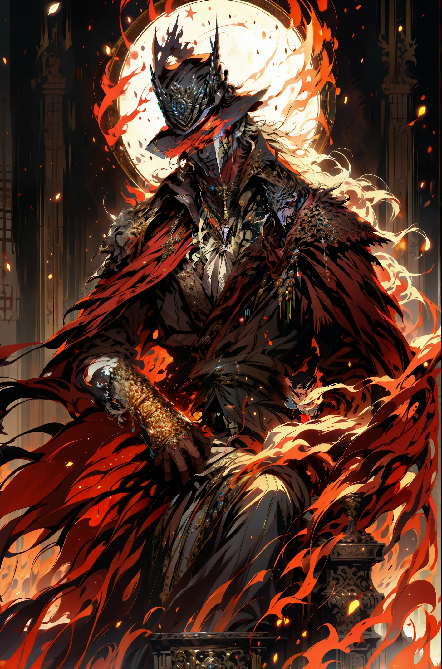 (absurdres, highres, ultra detailed), 1 male, , handsome, tall muscular guy, broad shoulders, finely detailed eyes and detailed face, long hair, fantasy, magnificent background, throne, magic effect, flame