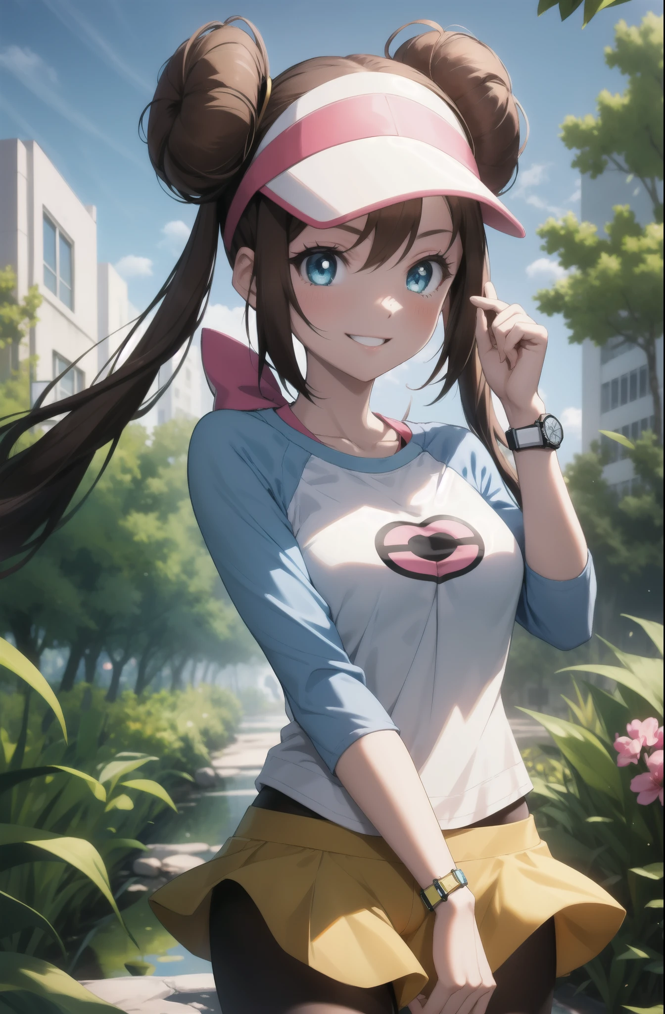 twintails, perfect eyes:1.2, detailed eyes:1.4, ro1, pale skin, shiny skin, smile, blush, shy, blushing, nice hands, long hair:1.2, hair bun, visor cap, pantyhose, raglan sleeves, yellow shorts, shirt, pink bow, wristwatch, blue eyes, cowboy shot, 1girl, solo, (masterpiece:1.6, best quality), 8k, insane details, intricate details, hyperdetailed, hyper quality, high detail, ultra detailed, professional, HDR, ray tracing reflection, cinematic lighting,
