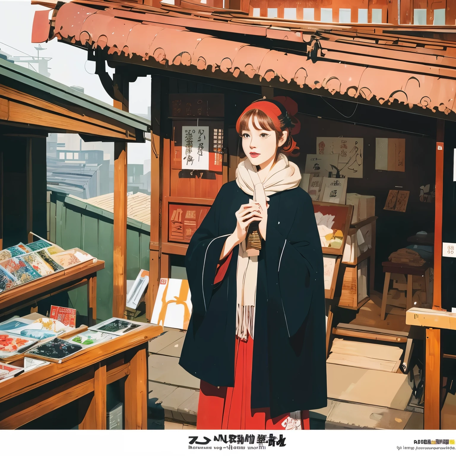 High resolution、Illustration style、Showa Anime、ukiyoe painting、((woman))、Tokyo、((fashion))、The background is a shrine、26 years old、Winters、japanse