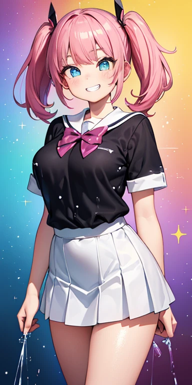 baby face, (colorful fluorescence multicolored  hair:1.5,short twintails:1.5,messy hair), (masterpiece, sidelights, exquisite beautiful eyes: 1.5), masterpiece*portrait, realistic, {(Colorful splash background of different colors:1.5)},colorful,3D face,(cute face),front view: 1.6、 (glowing blue eyes:1.2),plump face:1.5,(tareme:1.5)、(grin:1.2),Rosy Mouth,Slim Body, shiny hair, shiny skin: 1.5、medium breasts,、solo,(stand)、(high school girl school uniform)、(charactor focus:1.5、portlate、cowboy shot),(sparkling particles:1.3)
