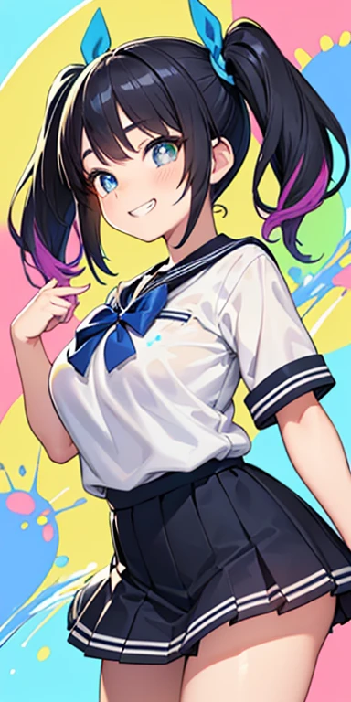 , (colorful fluorescence multicolored hair:1.5,short twintails:1.5,messy hair), (masterpiece, sidelights, exquisite beautiful eyes: 1.5), masterpieceportrait, realistic, {(Colorful splash background of different colors:1.5)},colorful,3D face,(cute face),front view: 1.6、 (glowing blue eyes:1.2),plump face:1.5,(tareme:1.5)、(grin:1.2),Rosy Mouth,Slim Body, shiny hair, shiny skin: 1.5、medium breasts,、solo,(stand)、(high school girl black school uniform)、(charactor focus:1.5、portlate、cowboy shot),(sparkling particles:1.3)