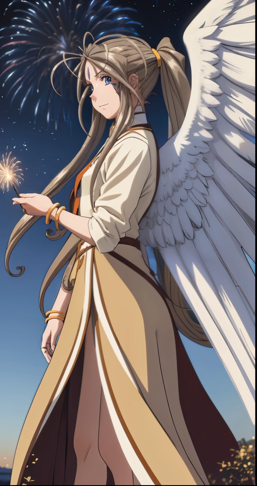 (Masterpiece), best quality, high resolution, Bell Dandy, long hair, blue eyes, brown hair, facial mark, Forehead marker, glove, wings, Neck throttle, bracelet, rings, body hair, angel wings, View from the side:0.6, (Forrest:1.1), stand, 25 years old, Happy new years, Fireworks fill the sky, nighttime, Sharp picture, Long skirt, Dark Sky, new year festival