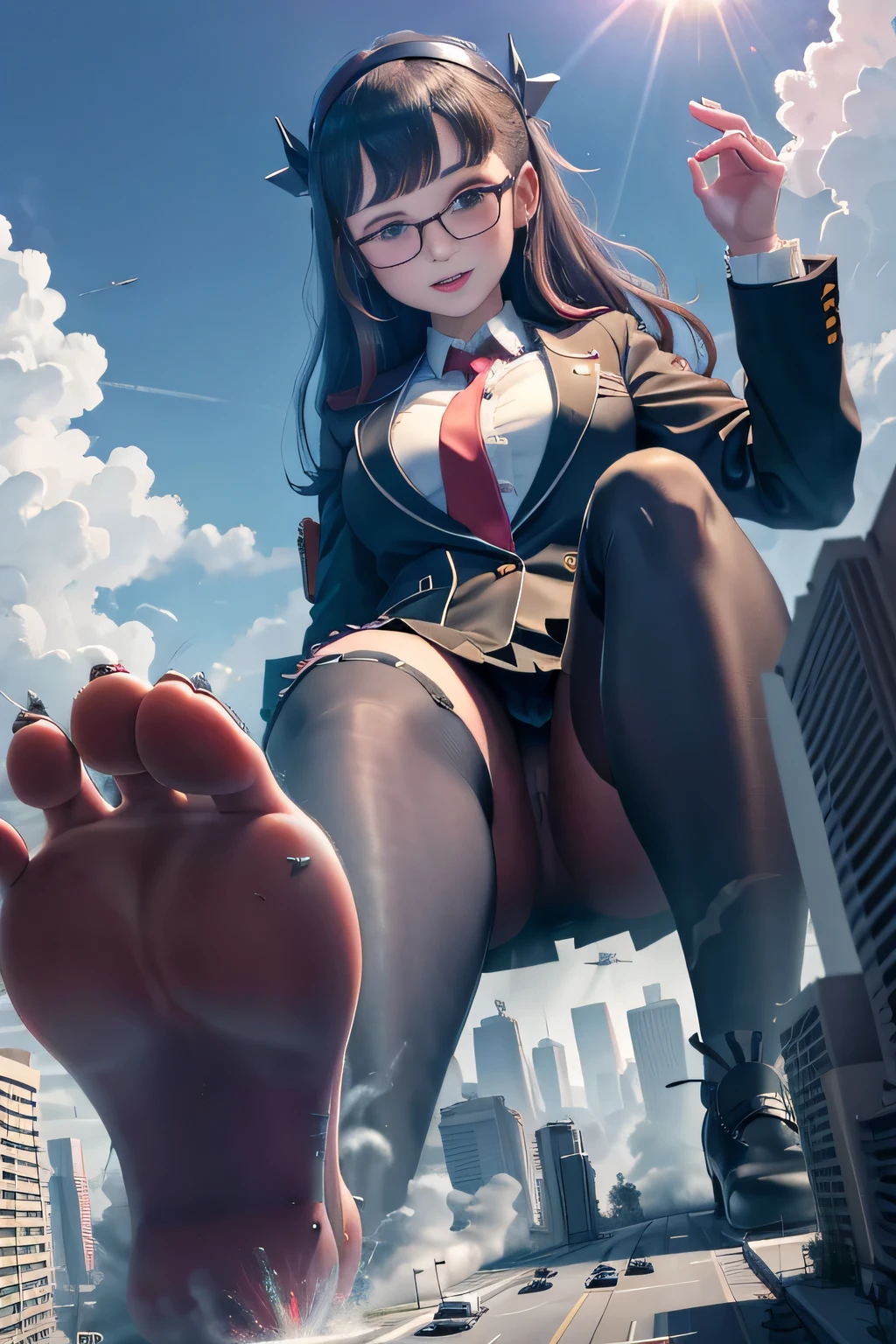 giantess art, surreal high school girl, 非常に詳細なGiantショット, Giant, Shorthair, A gigantic high school girl that's much bigger than a skyscraper, wearing rimless glasses, huge tit, big butt, Navy blue blazer, Red tie, mini length skirt, black pantyhose, I don't wear shoes., miniature metropolis, I'm playing with capturing very small aircraft carriers and battleships., gts, giga giantess, giantess, crash warship, tiny warship, micro warship,