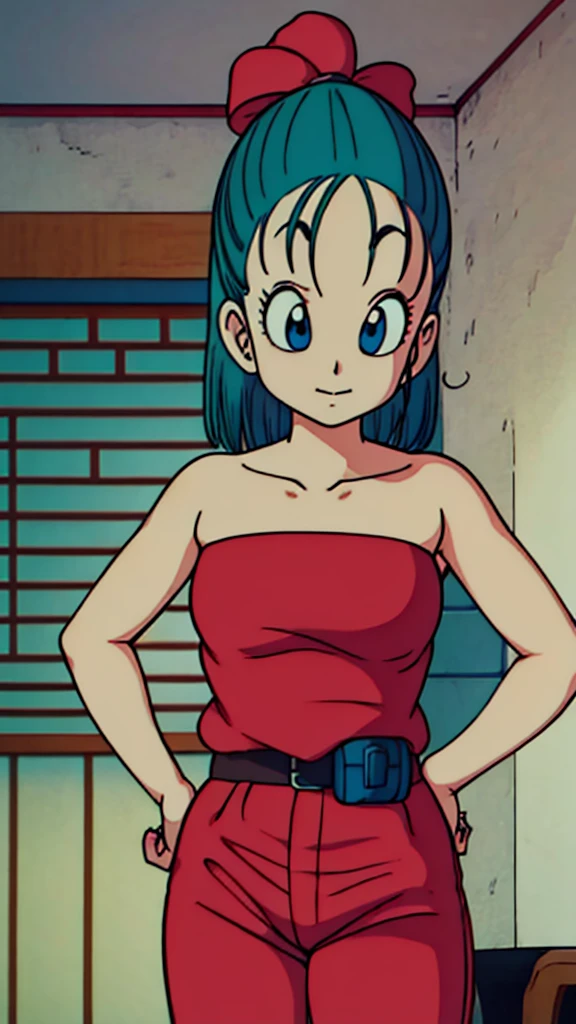 masterpiece, bulma, 1 girl, solo, aqua hair, blue eyes, bob hair, short hair, bare shoulders, bare arms, strapless red shirt, belly button, belt, blue pants, room background, seductive, hands on hips.