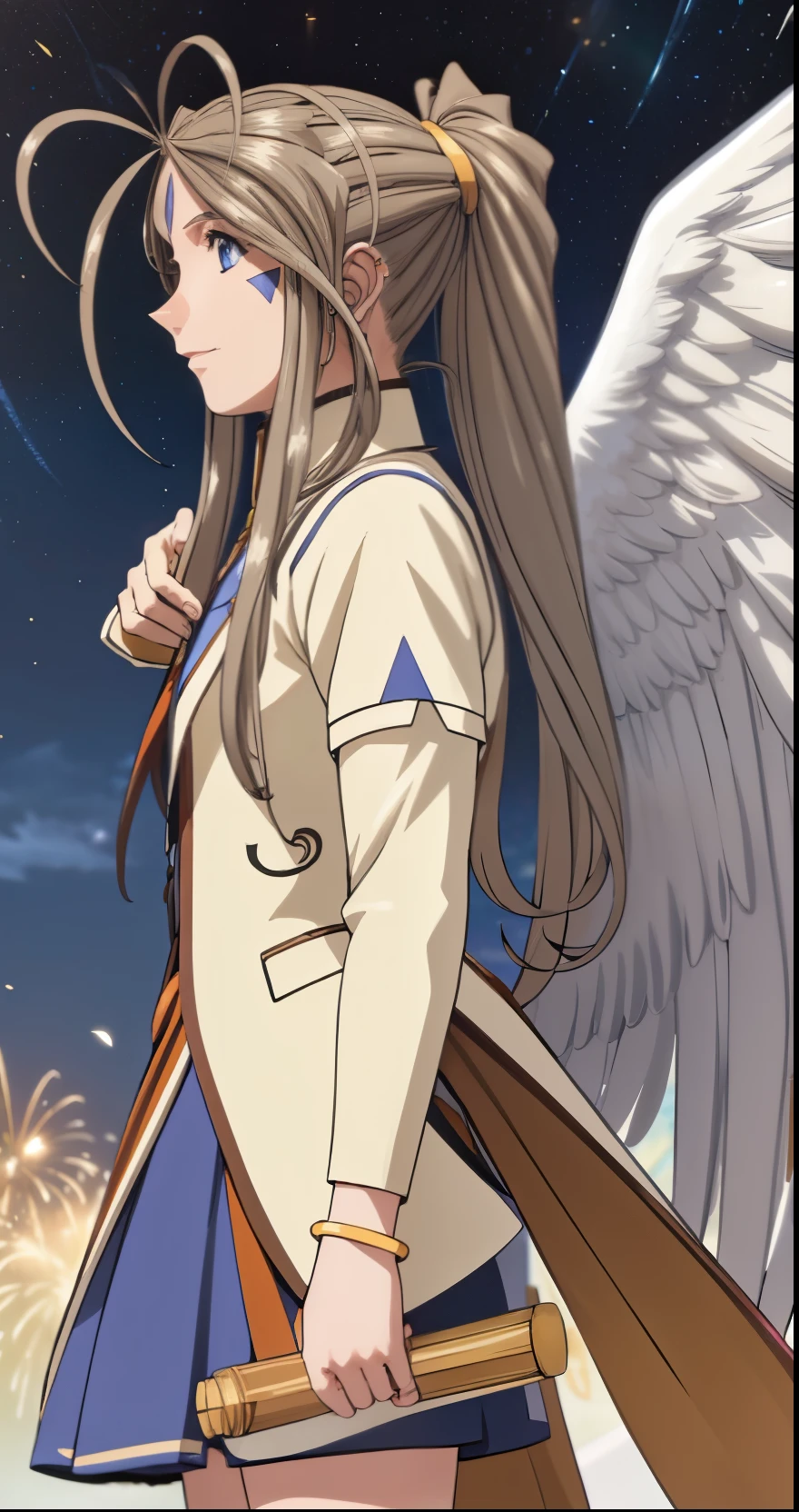 (Masterpiece), best quality, high resolution, Bell Dandy, long hair, blue eyes, brown hair, facial mark, Forehead marker, glove, wings, Neck throttle, bracelet, rings, body hair, angel wings, View from the side:0.6, (Forrest:1.1), stand, 25 years old, Happy new years, Fireworks fill the sky, nighttime, Sharp picture, Long skirt, Dark Sky, new year festival