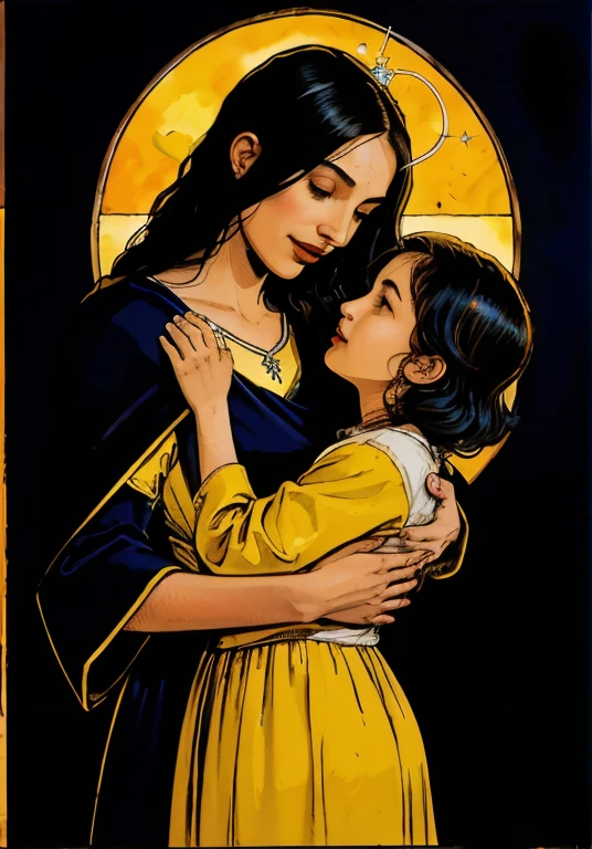 obra de arte, mulher, crown on head, vestida de vermelho e azul, Holy Virgin Mary hugging a young girl dressed in white, sorridente, heavenly sky, meio corpo, ((Luz Celestial)), backlight, symmetrical design, FORTE, intrincado, altamente detalhado, pintura digital, art station, arte conceitual, fluido, foco nítido, illustration, Against Heaven's Gate, Cinematic lighting,