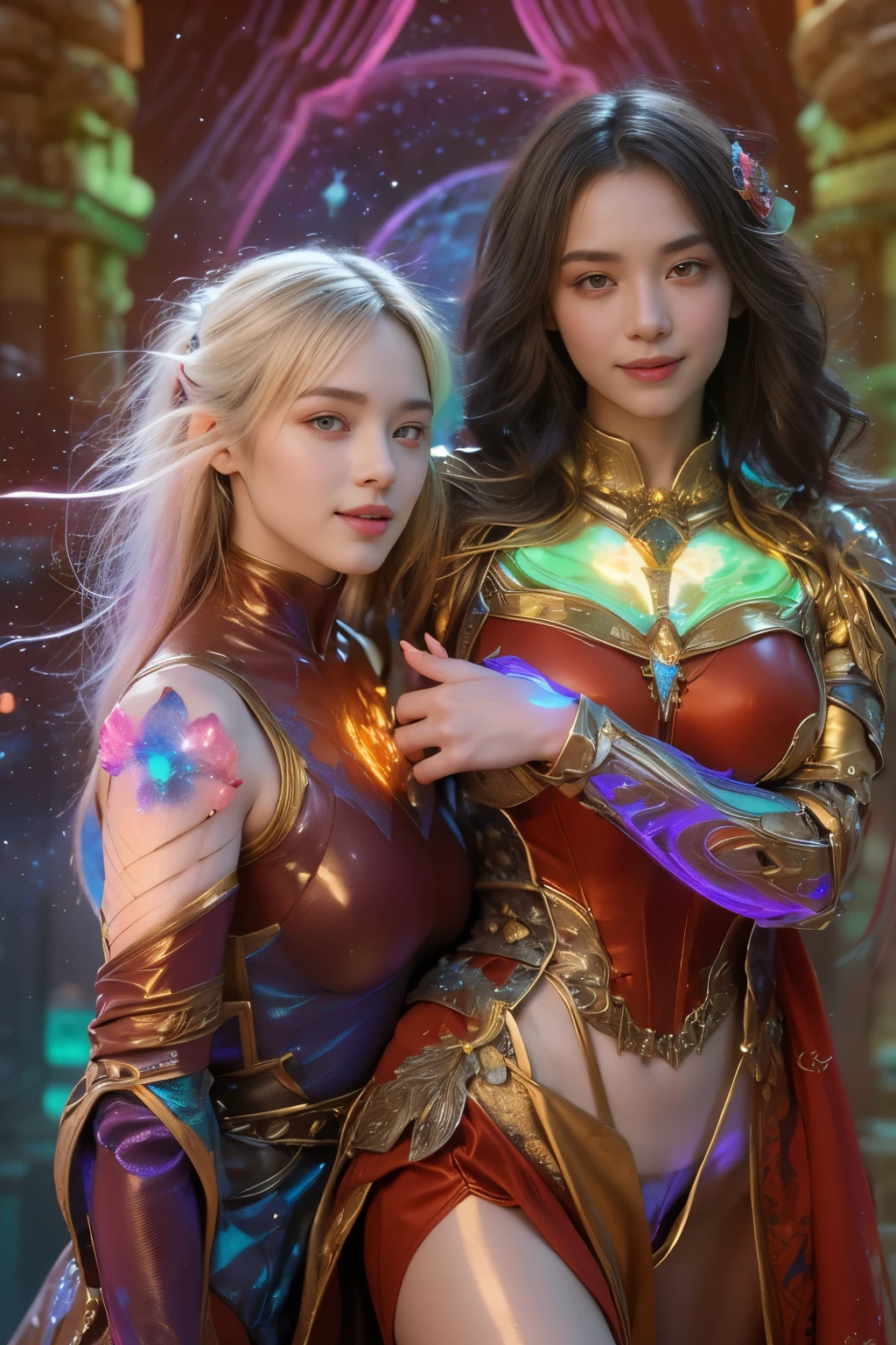 (Two beautiful age italian girls:1.6), Close friends, (They are hugging each other:1.2), Kiss her cheek or chest,(Detailed iridescent bodysuit with beautiful fractal or marble design:1.5), Incredible and spectacular scenes, ((High quality)), ((Detailed)), ((Fantasy)), Blue Plasma Brain, Green Plasma Body, Showing her armpits, beutiful breast, obscenity, (Lewd smile:1.2), coarse, Obscene, (Immoral:1.2), Lachish, (small breasts with beautiful raised pink areolas,,,:1.5), (Cameltoe), (Expression of ecstasy:1.2), Photorealistic, Official art, Unity 8K Wall , 8K Portrait, Best Quality, Very high resolution, (Incredibly beautiful nature background:1.6), (18 years old:1.5), (Sexy and glamorous:1.1), (A coquettish expression:1.6), (seductively smiling:1.6), (erotic posing:1.9), (Model Posing:1.8), Beautiful seductive face, Portrait, (Thick eyebrows:1.4), (Big scarlet eyes:1.6), Beautiful eyes with fine symmetry, (Ultra detailed eyes:1.4),(Highly detailed face and eyes:1.7), (High-resolution red-eye:1.8), Intimate face, (ultra detailed skin texture:1.4), White skin, pale skin, Perfect Anatomy, Thin, (Beautiful toned body:1.5), Highly detailed hair, (Moist skin:1.2), No makeup, (dark circles:1.1), Good anatomy, Focus Face, good-looking, (Emilia Clark:0.6) (Emma watson:0.3),(Jennifer Connelly:0.4), Elegant face, Nice, (A delicately crafted necklace is wrapped around her neck...), (Bioluminescence with brilliant brilliance:1.4), (Luminous magic circle:1.5), Ruins of an ancient castle, Shining majestic cloud masses and sky, lightning bolt, Epic Realistic, (Greg Rutkowski:0.8), (teal and orange:0.4), (Art Station:1.5), Cinematic, (NSFW:1.2), Hyper Detailed, Dramatic light, (Intricate details:1.1), Beautiful black hair, (Wearing a gauntlet with a dense and very beautiful design decorated with jewels:1.1), Small chest, Galaxy, (nebulas:1.6), The Dark Knight, Fully armored body focus