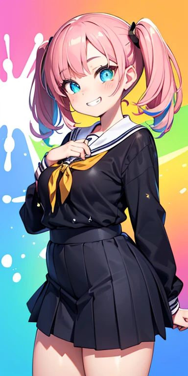 baby face, (colorful fluorescence multicolored hair:1.5,short twintails:1.5,messy hair), (masterpiece, sidelights, exquisite beautiful eyes: 1.5), masterpiece*portrait, realistic, {(Colorful splash background of different colors:1.5)},colorful,3D face,(cute face),front view: 1.6、 (glowing blue eyes:1.2),plump face:1.5,(tareme:1.5)、(grin:1.2),Rosy Mouth,Slim Body, shiny hair, shiny skin: 1.5、medium breasts,、solo,(stand)、(high school girl black only school uniform)、(charactor focus:1.5、portlate、cowboy shot),(sparkling particles:1.3)