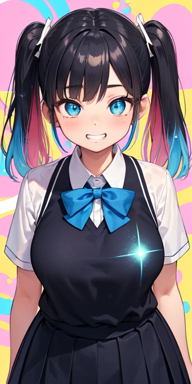baby face, (short　colorful fluorescence multicolored  hair:1.5,messy hair:1.5), (masterpiece, sidelights, exquisite beautiful eyes: 1.5), masterpiece*portrait, realistic, {(colorful and cute background:1.5)},3D face,(cute face),front view: 1.6、 (glowing blue eyes:1.2),plump face:1.5,(tareme:1.5)、(seductive smile:1.2),Rosy Mouth,Slim Body, shiny hair, shiny skin: 1.5、medium breasts,、solo,colorful,(stand)、(high school girl school uniform)、(charactor focus:1.5、portlate、cowboy shot),