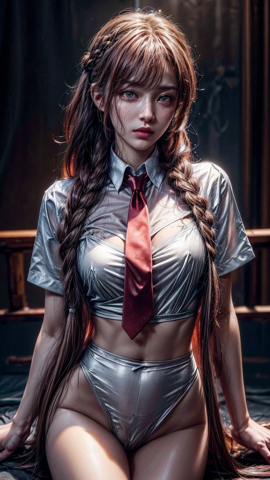 masterpiece, (photorealistic:1.4), best quality, beautiful lighting,UHD, retina, masterpiece, ccurate, anatomically correct, textured skin, super detail, high details, high quality, award winning, best quality, highres, 16k, HD, 8k , makima \(chainsaw man\), (red hair)+(long braided hair)+(bangs), yellow eyes, golden eyes, (ringed eyes), (white shirt), (necktie), RAW photo, 8k uhd, naked thorso wet cameltoe muscular six-pack abs in the gym detailed body,fit and strong