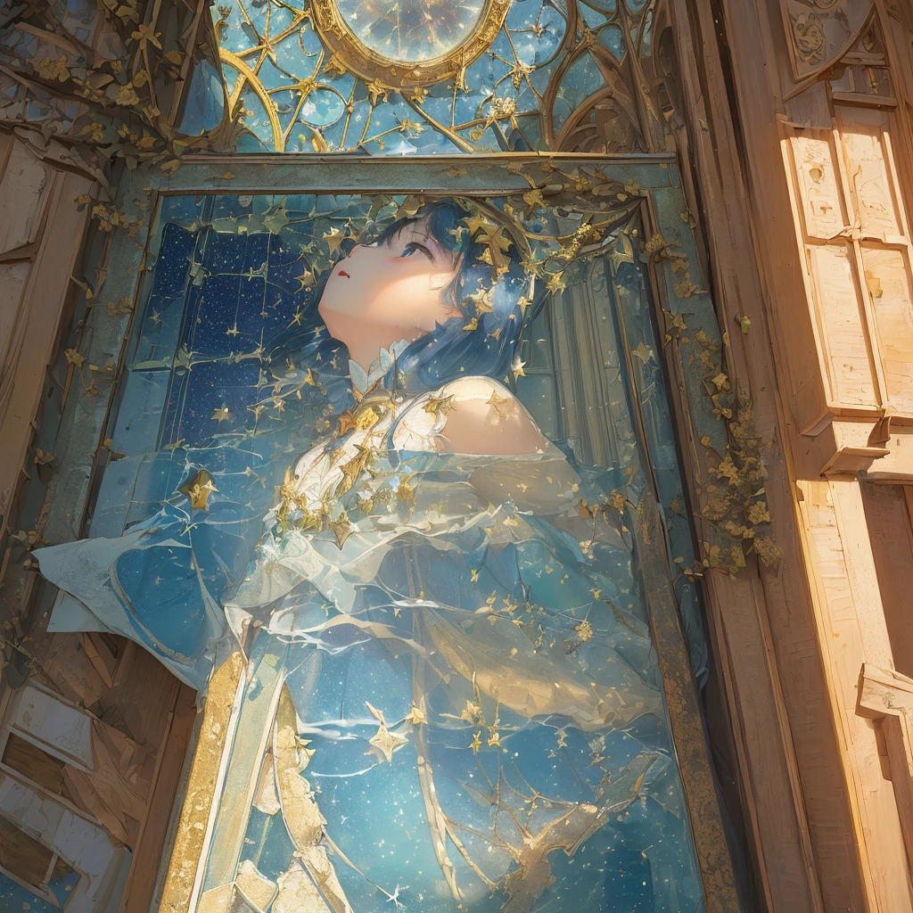 (((masterpiece, highest quality))), (((highest quality))), (((ultra-detailed))), (very delicate and beautiful)), girl praying looking up at the sky, light like in a movie, (((water pooling in an old building, reflecting starry sky))), Milky Way, (fantastic)), hanging ivy, summer, moon