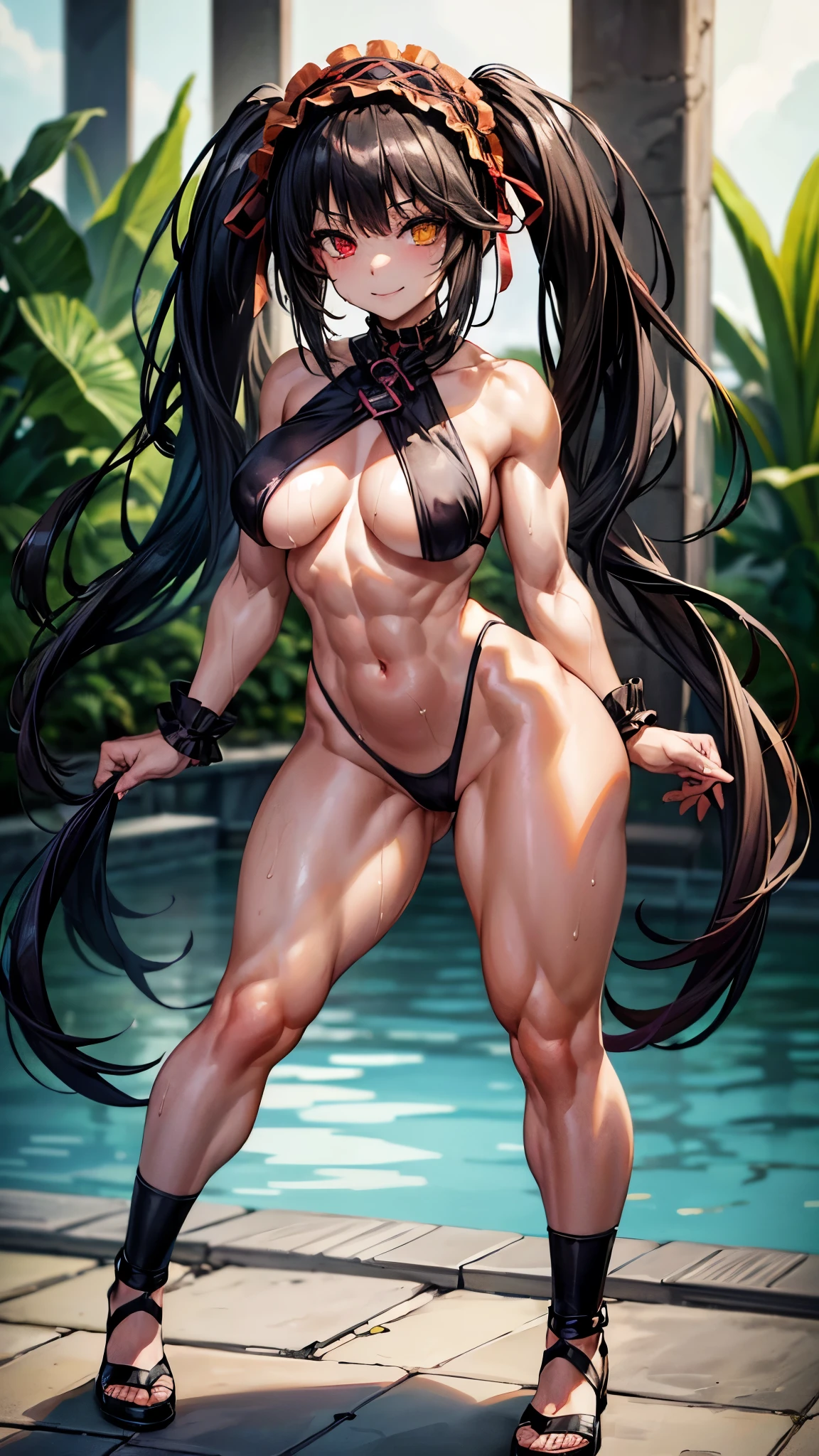 1 girl, bare shoulders, black hair, medium breasts, (muscular legs), white skin, muscular belly, wide hips, thin waist, (((clock eyes))), in the pool with the hot sun, (naked showing her sexy muscles))), full body, hairband, (((all wet))), (Standing), Heterochromia, black high-heeled shoes, ta hairband, long hair, red eyes, Mischievous smile, ( Sly look), only, symbol-shaped pupils, (Kurumi tokisaki), (twintails), yellow eyes