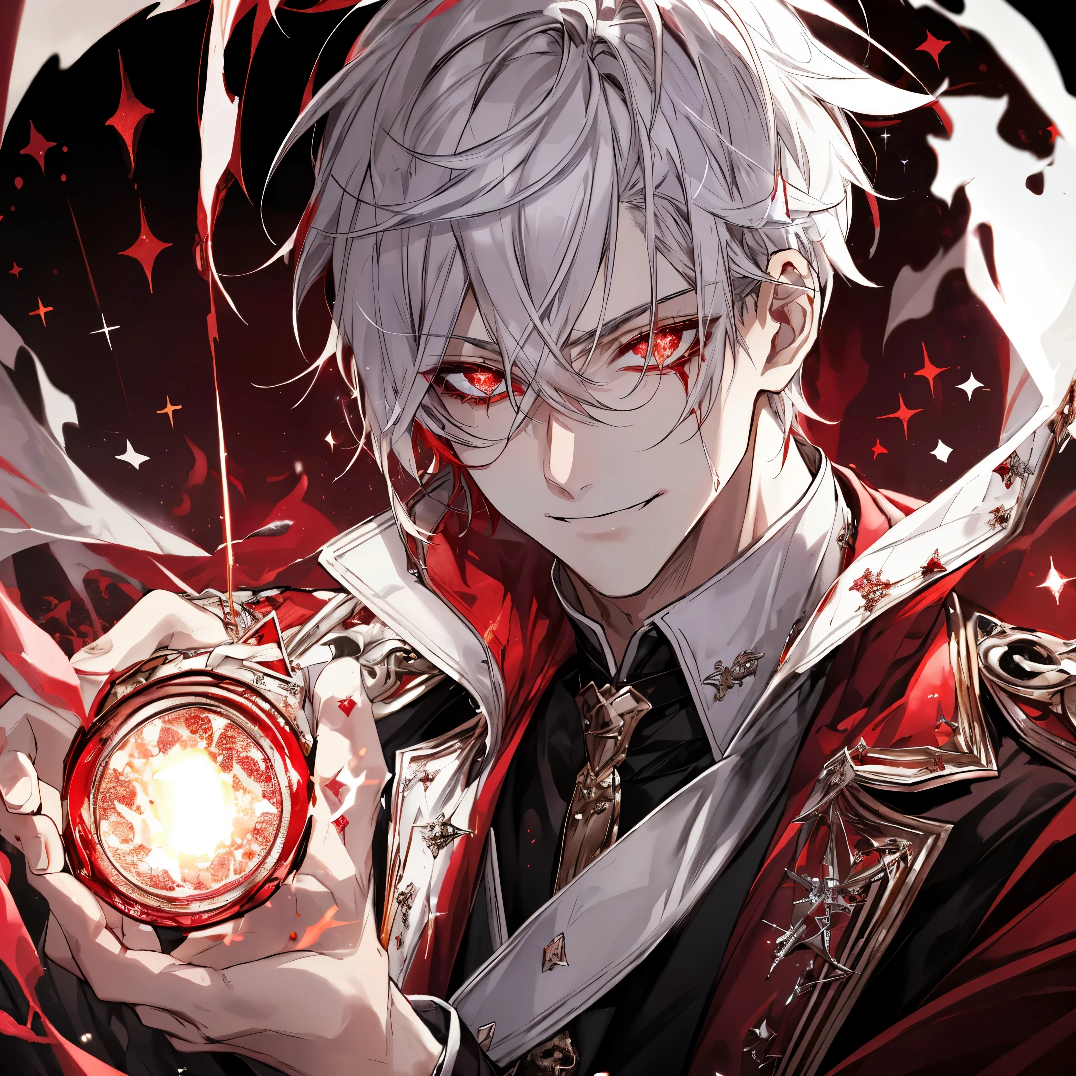 Best quality, ultra high detail, extremely detailed eyes, detailed face, male face, a boy, short white hair, ((red incandescent sparkling eyes:1.4)), (bleeding), gothic static background with blood spreading, he wears a white jacket with blood, his smile is macabre, dark, dark--Niji:5--gothic cinema lighting--Paramount and Wit Studios 