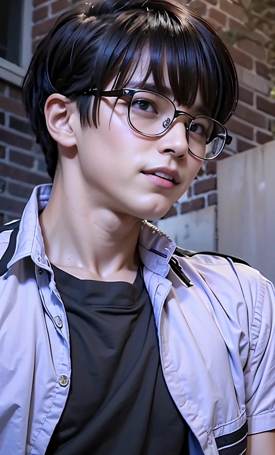 1Boy , Black Hair , Eyes Black , Jacket White With T-shirt Black , Wearing Glasses, Orange Brick House Background, Shocked Face , Potrait 3d , Realistic Ai , Handsome Man , Cool Man , Not Smile , Detail Realistic , Clean Glasses Transparant , Clean Neck , Clean Face , Short Hair ,