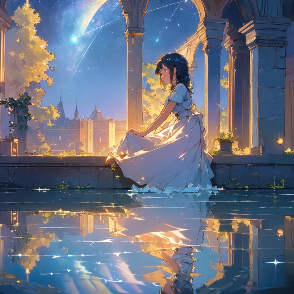 (((masterpiece, highest quality))), (((highest quality))), (((ultra-detailed))), (very delicate and beautiful)), girl praying looking up at the sky, light like in a movie, (((water pooling in an old building, reflecting starry sky))), Milky Way, (fantastic)), hanging ivy, summer, moon 