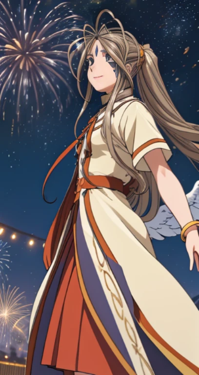 (Masterpiece), best quality, high resolution, Bell Dandy, long hair, blue eyes, brown hair, facial mark, Forehead marker, glove, wings, Neck throttle, bracelet, rings, body hair, angel wings, View from the side:0.6, (Forrest:1.1), stand, 25 years old, Happy new years, Fireworks fill the sky, nighttime, Sharp picture, Long skirt, Dark Sky, new year festival, smile