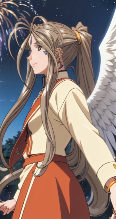 (Masterpiece), best quality, high resolution, Bell Dandy, long hair, blue eyes, brown hair, facial mark, Forehead marker, glove, wings, Neck throttle, bracelet, rings, body hair, angel wings, View from the side:0.6, (Forrest:1.1), stand, 25 years old, Happy new years, Fireworks fill the sky, nighttime, Sharp picture, Long skirt, Dark Sky, new year festival, smile