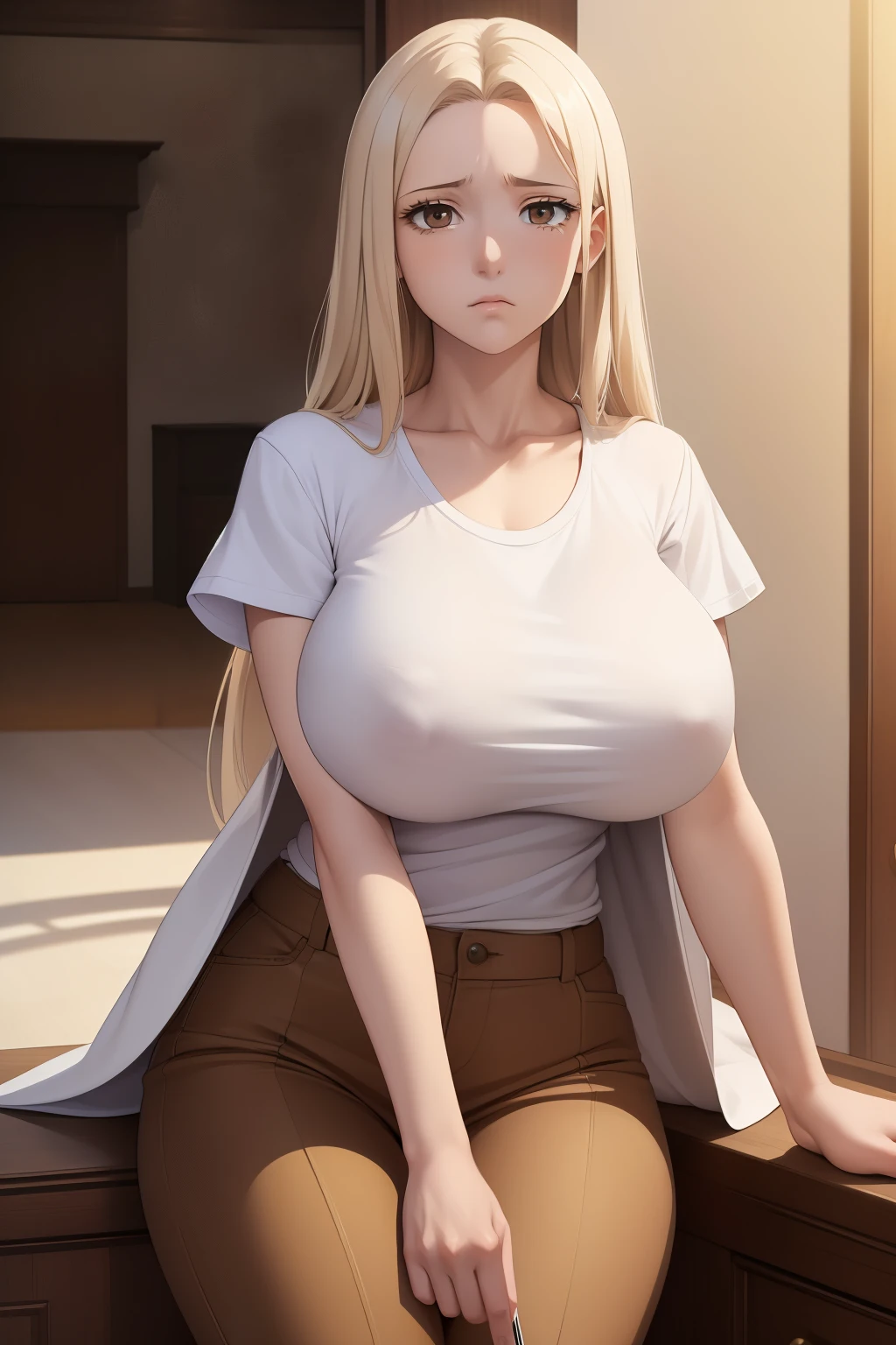 ((masterpiece, best quality:1.4)), illustration, 8k, hd, cowboy shot, anime style, detail face, detail eyes, rich girl, house, white T-shirt, small female coat, brown trousers, (massive boobs), long white hair, brown eyes, mature, sad, ((lifeless eyes, bland eyes)), depressed