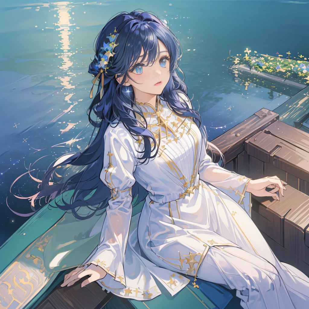 (((masterpiece, highest quality))), (((highest quality))), (((ultra-detailed))), (very delicate and beautiful)), girl praying looking up at the sky, light like in a movie, (((water pooling in an old building, reflecting starry sky))), Milky Way, (fantastic)), hanging ivy, summer, moon 