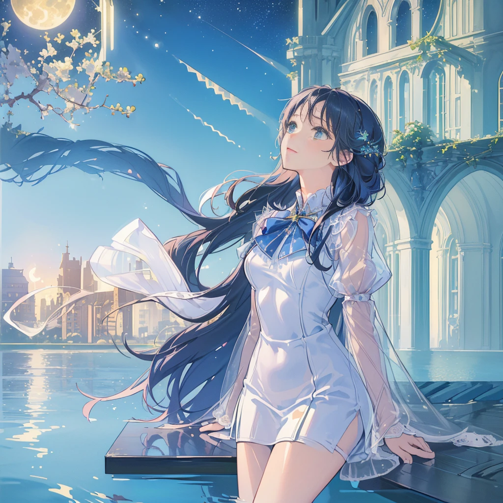 (((masterpiece, highest quality))), (((highest quality))), (((ultra-detailed))), (very delicate and beautiful)), girl praying looking up at the sky, light like in a movie, (((water pooling in an old building, reflecting starry sky))), Milky Way, (fantastic)), hanging ivy, summer, moon 