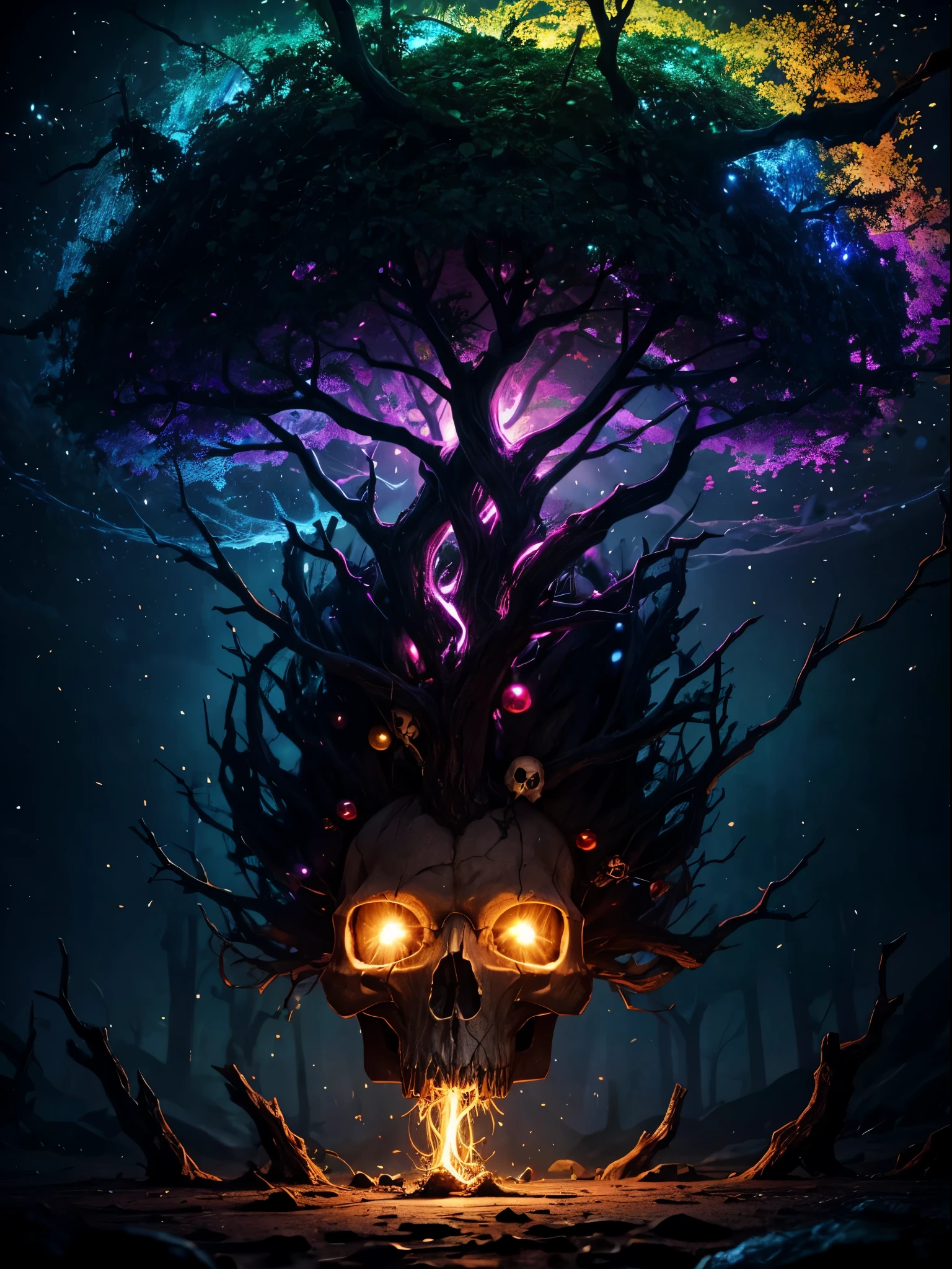 Abstract twisted tree roots with tree roots wrapped around a skull，Above the skull is a weird dripping ground.，，light composition，rainbow，rainbow围绕着头骨，Full of energy，Illustrated circular composition of various structural force effects，alone，GBA portrait，Fantastic decorative elements decoration combination，