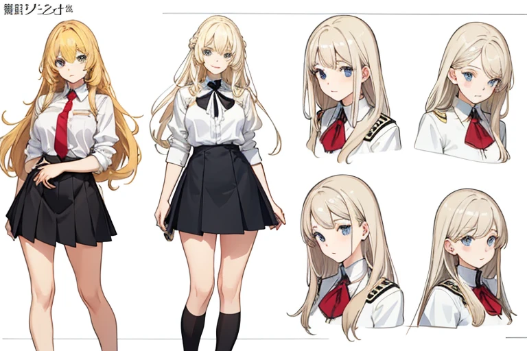 Uniforms,stockinglack short skirt,white top,fashionable leather shoes, pop color,(character design sheet,front,back,side,same role),The background is ,long golden hair,,female student,Thick eyebrows, bust and waist,beautiful blonde,(masterpiece),((highest quality)),(Super detailed),younger sister,(beautiful eyes beautiful details eyes,clean and delicate face,five fingers,Textile shades,anatomical perfection