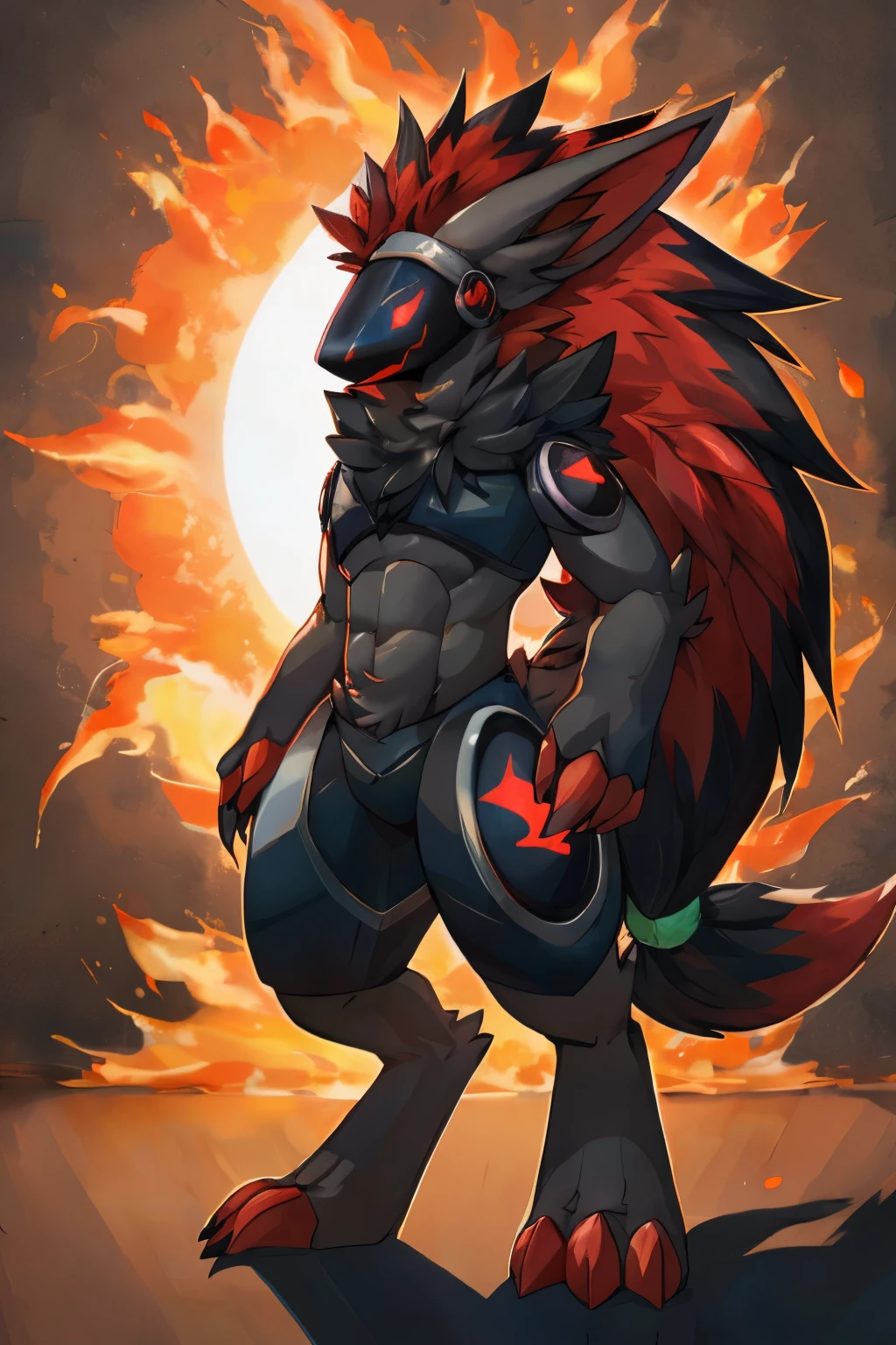 Solo,nj5furry,furry,anthro,solo,masterpiece,high detail,best shadow,protogen,protogen visor,zoroark,pokemon, red flame effect,full body,thick abs