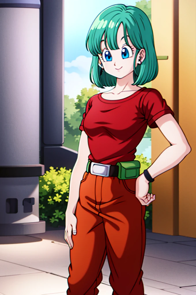 ((extremely detailed CG unity 4k wallpaper)),(masterpiece),(ultra quality),(ultra-detailed),(best illustration),(best shadow),(Extremely Detailed),(absurdres),(detailed background), Bulma, 1girl, solo, blue eyes, closed mouth, smile, pants, wristwatch, belt, strapless red shirt, hand on hip, green hair, short hair, red pants, breasts