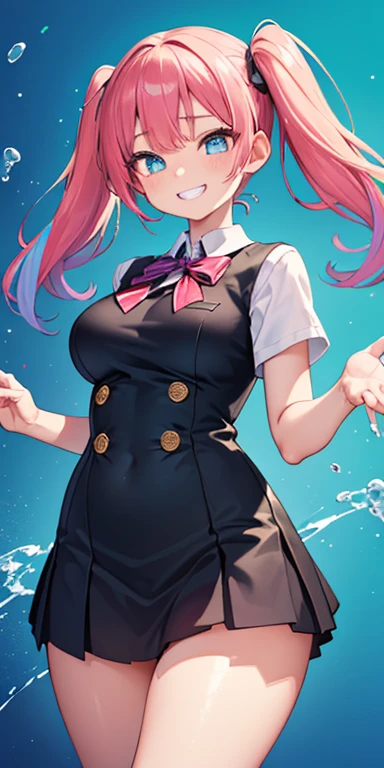 baby face, (colorful fluorescence multicolored  hair:1.5,short twintails:1.5,messy hair), (masterpiece, sidelights, exquisite beautiful eyes: 1.5), masterpiece*portrait, realistic, {(Colorful splash background of different colors:1.5)},colorful,3D face,(cute face),front view: 1.6、 (glowing blue eyes:1.2),plump face:1.5,(tareme:1.5)、(grin:1.2),Rosy Mouth,Slim Body, shiny hair, shiny skin: 1.5、medium breasts,、solo,(stand)、(high school girl,black only school uniform)、(charactor focus:1.5、portlate、cowboy shot),(My eyes are sparkling:1.3)