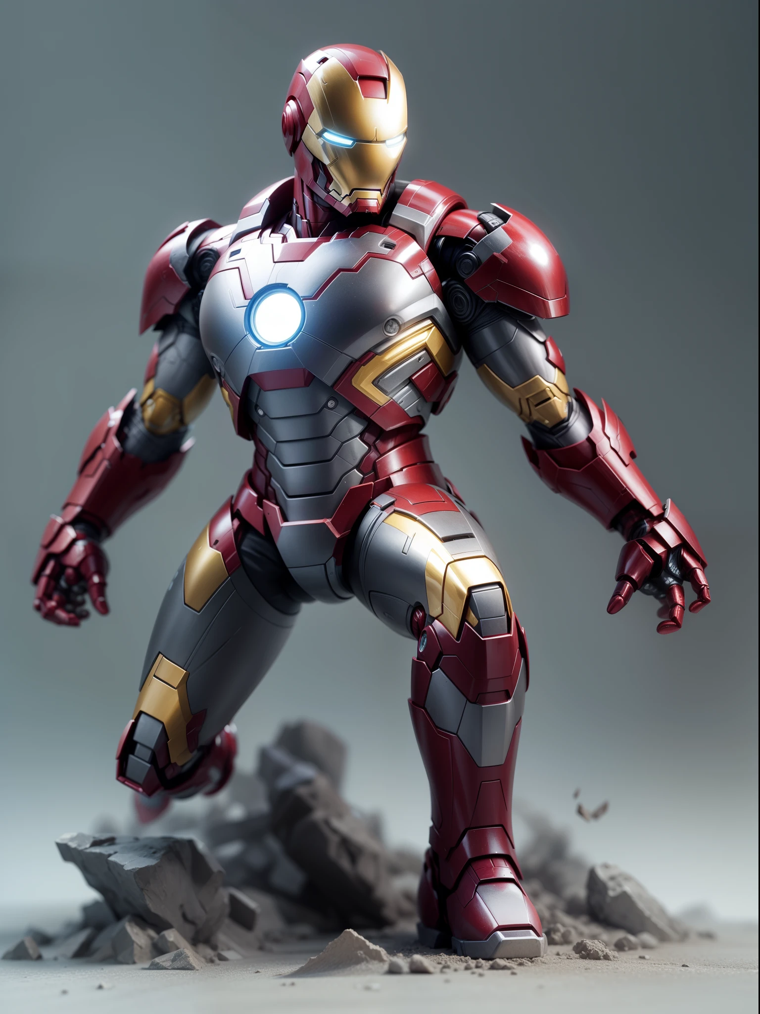 Iron man, intense fight scene,  3D model figure, gray background, studio soft lights, 3d moon figure, 3D toys model, best quality, ultra detailed, masterpiece collection
