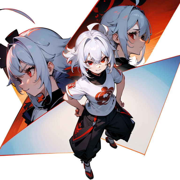 (best quality,ultra-detailed,highres,masterpiece:1.2),portraits,beautiful detailed eyes,graduated hair,facial hair between the eyes,single girl,white hair,red eyes,Genshin Impact influence,white background,gazing at the audience,permanent,a wide smile face,(aggressive face),(Ahoge),character design,frontal view of the character,back view of the character,side view,with 4 image panels,hands on hips,full body,black long pants,white shoulder-length T-shirt
