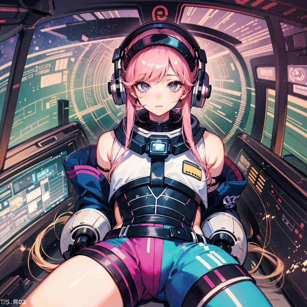 (((masterpiece、Highest image quality、highest quality、highly detailed unity 8kwallpaper)))、((Illustration of one adult))、((25 years old))、(pilot)、(((Beautiful girl with a beautiful face、The body is a man)))、(((Twintails with pink hair)))、Light gray eyes、((tall))、((Muscular strong man's body))、((Muscular strong man's body、solid chest、muscular chest plate、abdominals、muscular and thick arms、muscular and thick legs))、(((白いpilotスーツ)))、((manspreading、Sitting in the cockpit))、((space fighter cockpit、The Universe on the Monitor、Earth seen from space))