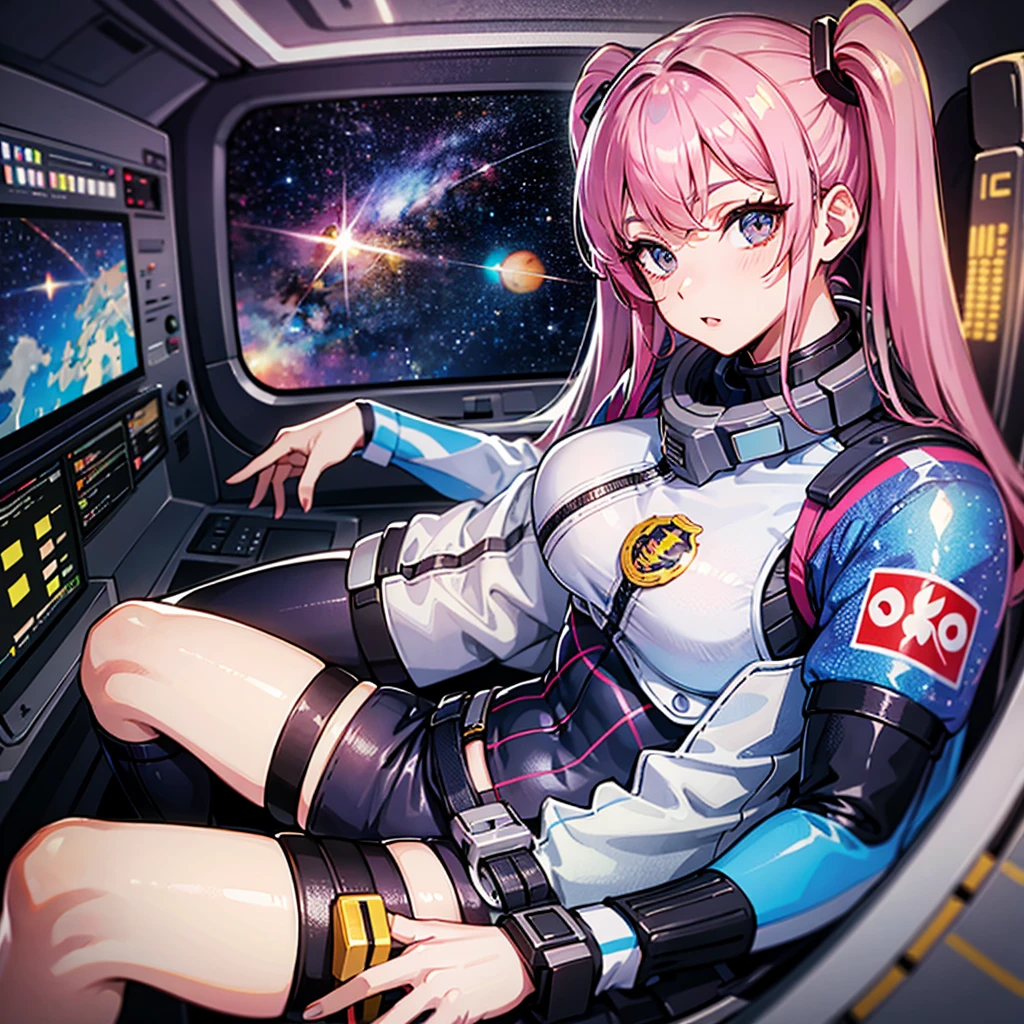 (((masterpiece、Highest image quality、highest quality、highly detailed unity 8kwallpaper)))、((Illustration of one adult))、((25 years old))、(pilot)、(((Beautiful girl with a beautiful face、The body is a man)))、(((Twintails with pink hair)))、Light gray eyes、((tall))、((Muscular strong man's body))、((Muscular strong man's body、solid chest、muscular chest plate、abdominals、muscular and thick arms、muscular and thick legs))、(((白いpilotスーツ)))、((manspreading、Sitting in the cockpit))、((space fighter cockpit、The Universe on the Monitor、Earth seen from space))