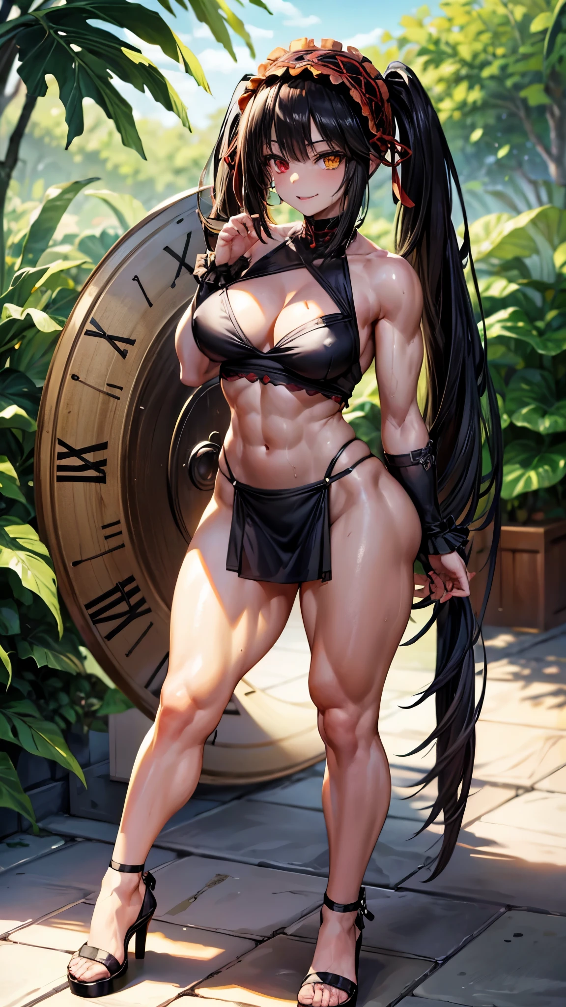 1 girl, bare shoulders, black hair, medium breasts, (muscular legs), white skin, muscular belly, wide hips, thin waist, (((clock eyes))), in the pool with the hot sun, (naked showing her sexy muscles))), full body, hairband, (((all wet))), (Standing), Heterochromia, black high-heeled shoes, lolita hairband, long hair, red eyes, Mischievous smile, ( Cunning look), only, symbol-shaped pupils, (Kurumi tokisaki), (twintails), yellow eyes