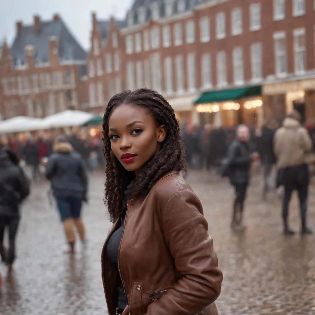 ((Dark African skin, Very deep ebony skin)), ((Its beauty undeniable)), ((Excited cute face)), ((Hyper detailed perfect eyes,)), ((pose mignonne)), ((Langue sortie)), ((Seductive )), sexy, ((beanie, black leather warm winterjacket, jeans)), ((Afro ponytail with long African curly hair, mascara, lipstick)), ((debout, vue de face)), ((toucher ses propres jambes dans une pose sexy)), ((The Hague, rain, storm, Ville publique, people in the background)), Sharp Focus CGI, photoreallistic, High detail, Realstic, Masterpiece, absurdes, Best quality, Hdr, High quality, high-definition, Extremely detailed, 8k wallpaper, Intricate details, 8K UHD, Full-HD, (photo realist:1.2), contraste, intense illumination, lighting cinematic, natural lighting, veilleuse, Nuit, Illumination globale, a la piscine African women、Female sexy、