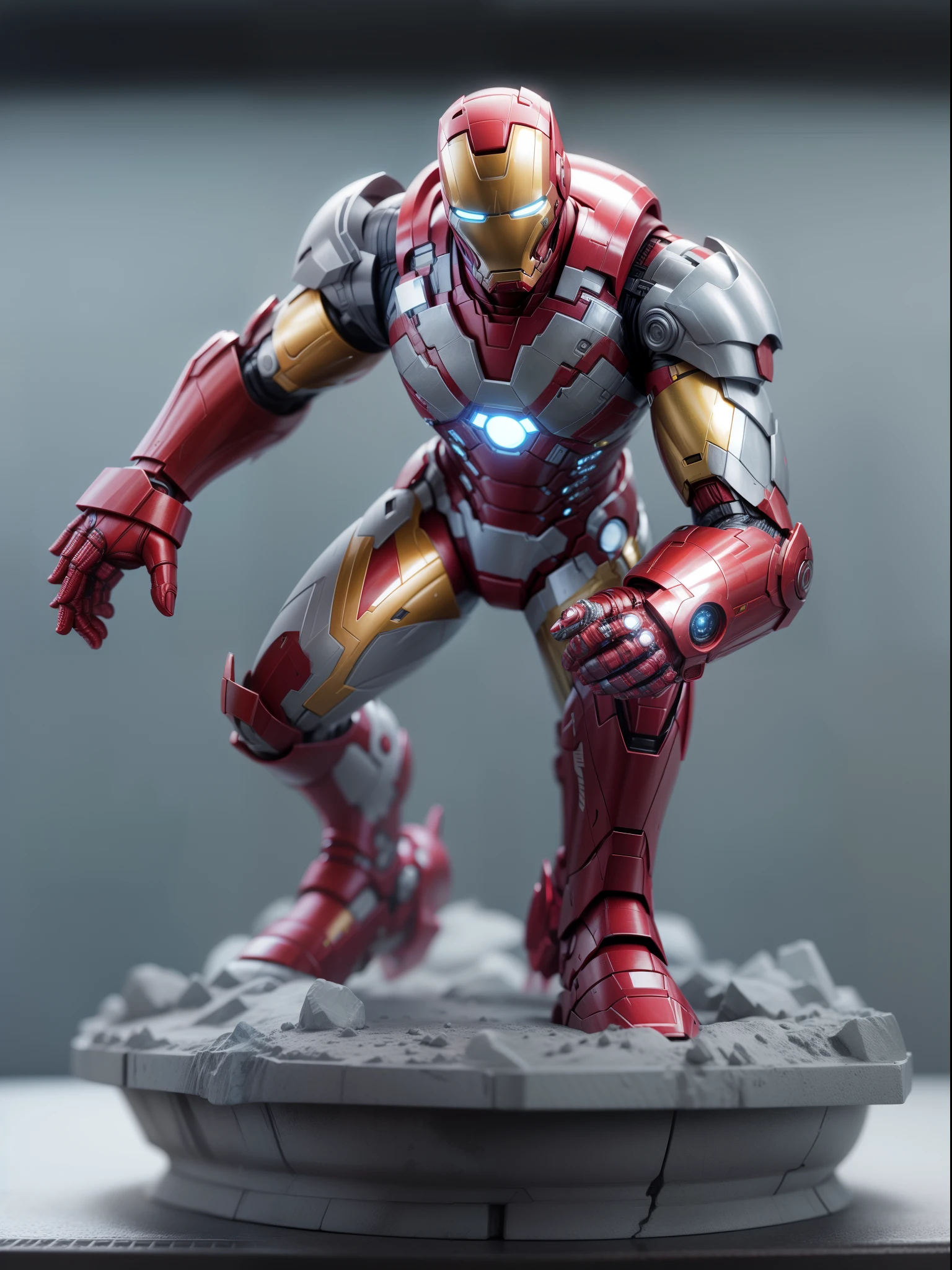 Iron man, intense fight scene, 3D model figure, gray background, studio soft lights, 3d moon figure, 3D toys model, best quality, ultra detailed, masterpiece collection