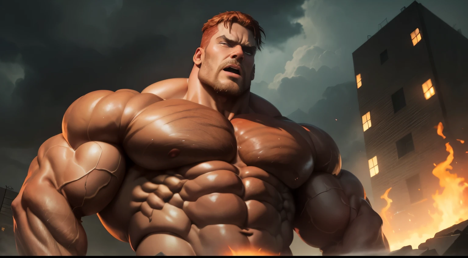 (high quality,ultra-detailed,realistic:1.37),gigantic muscular man,larger than planet Earth,fiery red hair,bearded, red beard,evil,malevolent,night scene,dramatic lighting,ominous atmosphere,destructive power,dark background,evil grin,fiery aura,menacing presence,enormous physique,strong and powerful,evil expression,evil intentions,demonic appearance,dark clouds,intense shadows,stormy sky,gloomy atmosphere,devilish,terrifying presence,daunting figure,monster,wicked,shadowy, Giant, absurdly huge bulge, giant growing more and more, giantic, colossal, muscle domination, macrophilia, briefs, stubble, broad shoulders, vascular, very sweaty, huge belly, thick thighs, very thick arms, large , smirk, blushing, veiny hands, photorealistic, anger, bearded, looking at viewer, from below, sweaty body, falling over me, angry, angry expression, crush buildings, destroy city, smash everything.