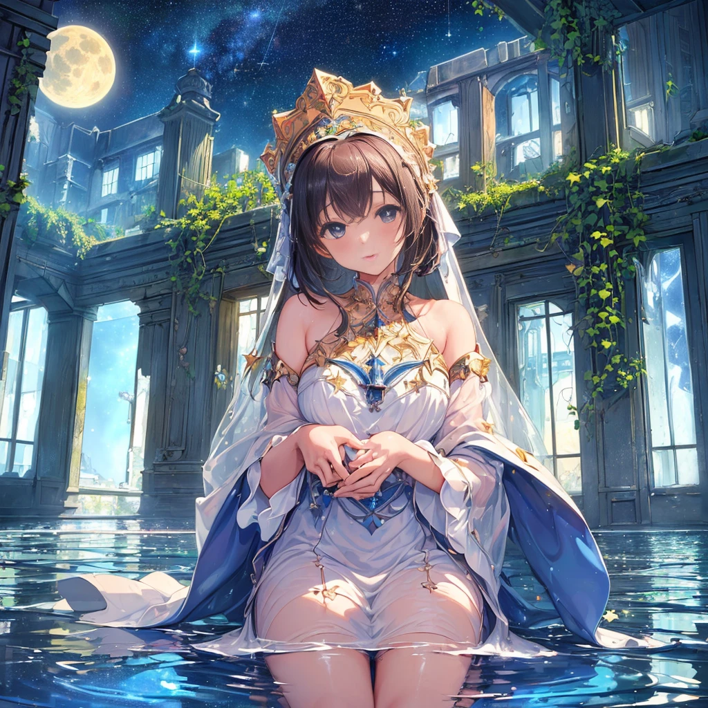 (((masterpiece, highest quality))), (((highest quality))), (((ultra-detailed))), (very delicate and beautiful)), girl praying looking up at the sky, light like in a movie, (((water pooling in an old building, reflecting starry sky))), Milky Way, (fantastic)), hanging ivy, summer, moon 